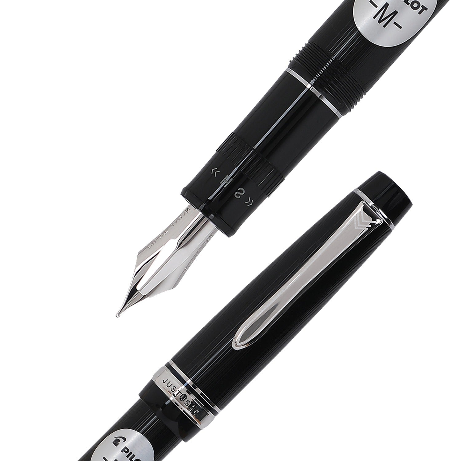 Pilot Justus 95 Stripe Black Resin with Chrome Trim Fountain Pen - 14Kt Gold Medium Nib