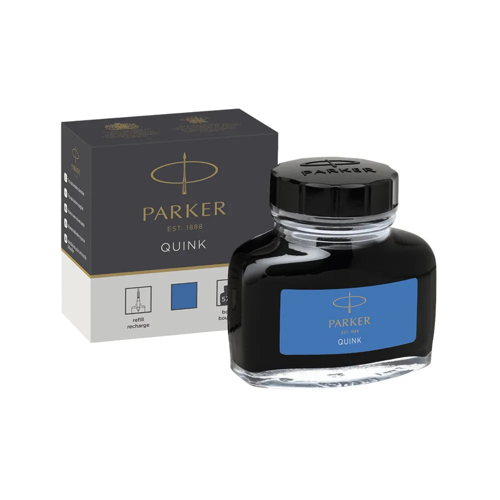 Rediscover classic writing pleasure with PARKER QUINK bottled ink. Filled with smooth, rich and vivid blue ink, you'll enjoy the timeless ritual of bottle filling when you use your fountain pen. With PARKER fountain pen ink, you can place your thoughts on paper with the authenticity of liquid ink.

Parker Blue Ink bottle
Ink refill for PARKER fountain pens and other luxury fountain pens
High-quality bottled ink with added lubricity for a smooth flow when putting pen to paper
Quick-drying, richly pigmented i