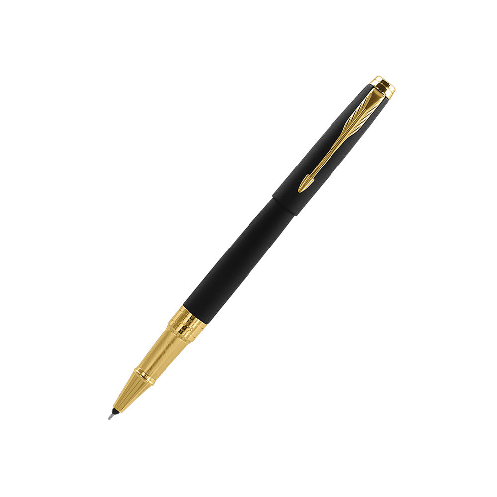 Parker Aster Rollerball Pen With Matte Black Finish Metal Barrel And Gold Plated Trim. A Contemporary & Unique Design Blended Highlighted With A Gold Plated Ring On The Barrel. Gift Set Body Colour Shade – Matte Black Trim – Gold Plated Rollerball Pen Opening Mechanism – Cap On/off Point – Fine Refill – Parker QuinkFlow Gift Box With Free Visiting Card Holder. Country of Origin : India