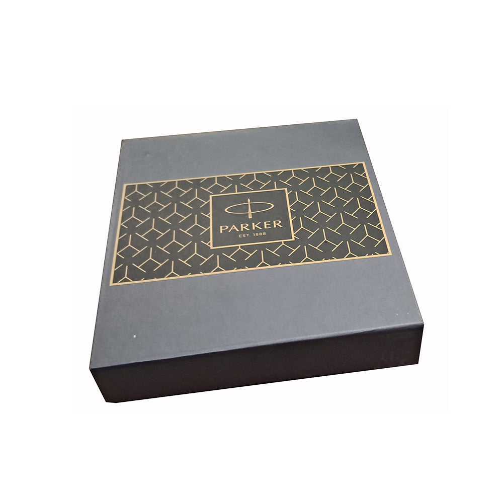 Parker Aster Ball Pen with Lacquer Black finish metal barrel and Gold plated trim. A contemporary & unique design blended highlighted with a Gold plated ring on the barrel. Clip Material: Stainless Steel. Lacquer Black Finish Metal Barrel Gold Plated Trim Contemporary & Unique Design Blended Gold Plated Ring On The Barrel Gift Box With Free Credit Card Holder. Made in India