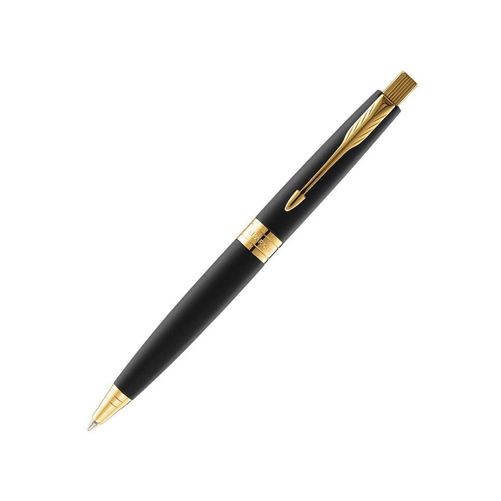 Parker Aster Matte Black GT Ballpoint Pen with A6 Notebook & Stainless Steel Keychain Parker Aster Ball Pen With Matte Black Finish Metal Barrel And Gold Plated Trim. A Contemporary & Unique Design Blended Highlighted With A Gold Plated Ring On The Barrel.  Matte Black Finish Metal Barrel Gold Plated Trim A Contemporary & Unique Design Gold Plated Ring On The Barrel 1N A6 Notebook inside the box 1N Stainless Steel Keychain inside the box Gift Box  Made in India