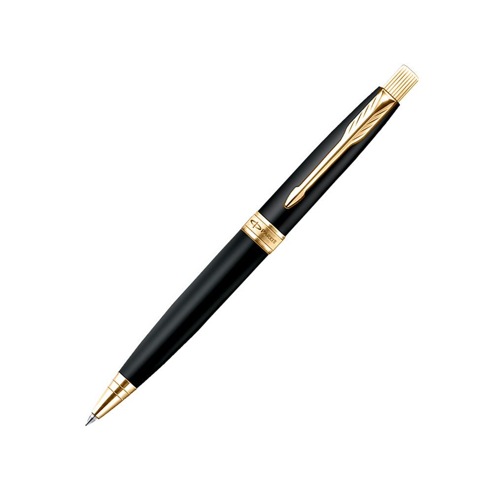 Parker Aster Ball Pen With Matte Black Finish Metal Barrel And Gold Plated Trim. A Contemporary & Unique Design Blended Highlighted With A Gold Plated Ring On The Barrel. Body Colour Shade – Matte Black Trim – Gold Plated Pen Opening Mechanism – Click Point – Fine Refill – Parker QuinkFlow 1N Leather Credit Card Holder (Free) Country of Origin : India