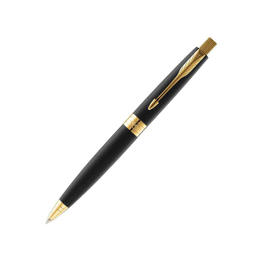 Parker Aster Matte Black GT Ball Pen with Card Holder Free, Parker Aster Ball Pen With Matte Black Finish Metal Barrel And Gold Plated Trim. A Contemporary & Unique Design Blended Highlighted With A Gold Plated Ring On The Barrel. Matte Black Finish Metal Barrel Gold Plated Trim A Contemporary & Unique Design Gold Plated Ring On The Barrel Gift Box With Free Business Card Holder. Made in India