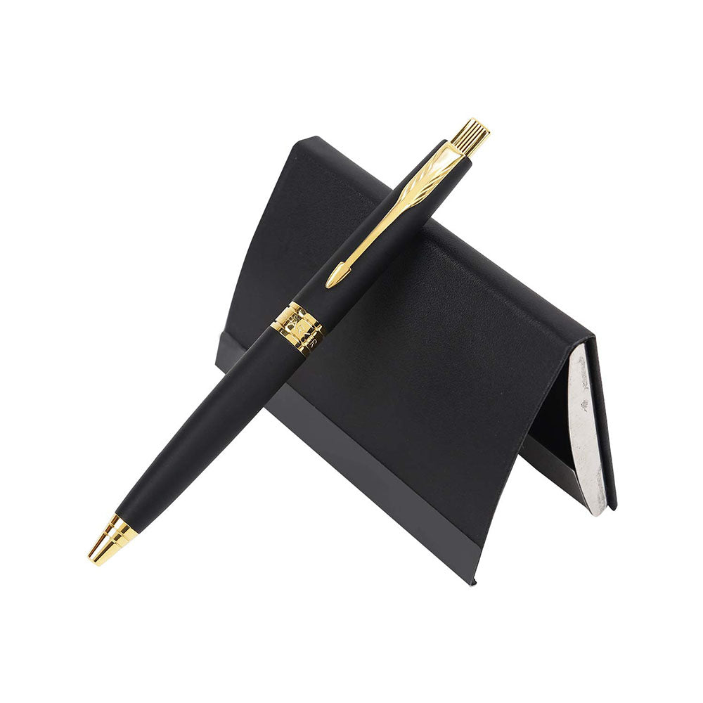 Parker Aster Matte Black GT Ball Pen with Card Holder Free, Parker Aster Ball Pen With Matte Black Finish Metal Barrel And Gold Plated Trim. A Contemporary & Unique Design Blended Highlighted With A Gold Plated Ring On The Barrel. Matte Black Finish Metal Barrel Gold Plated Trim A Contemporary & Unique Design Gold Plated Ring On The Barrel Gift Box With Free Business Card Holder. Made in India