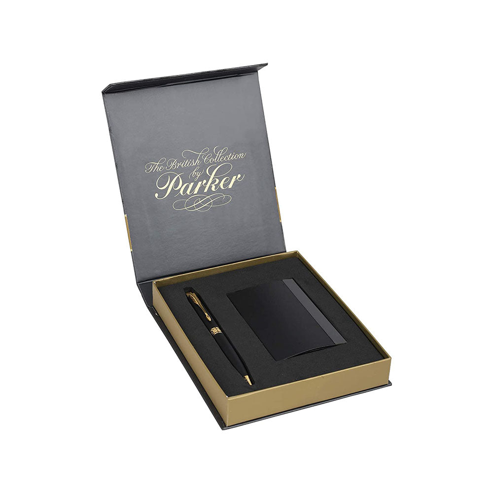 Parker Aster Matte Black GT Ball Pen with Card Holder Free, Parker Aster Ball Pen With Matte Black Finish Metal Barrel And Gold Plated Trim. A Contemporary & Unique Design Blended Highlighted With A Gold Plated Ring On The Barrel. Matte Black Finish Metal Barrel Gold Plated Trim A Contemporary & Unique Design Gold Plated Ring On The Barrel Gift Box With Free Business Card Holder. Made in India