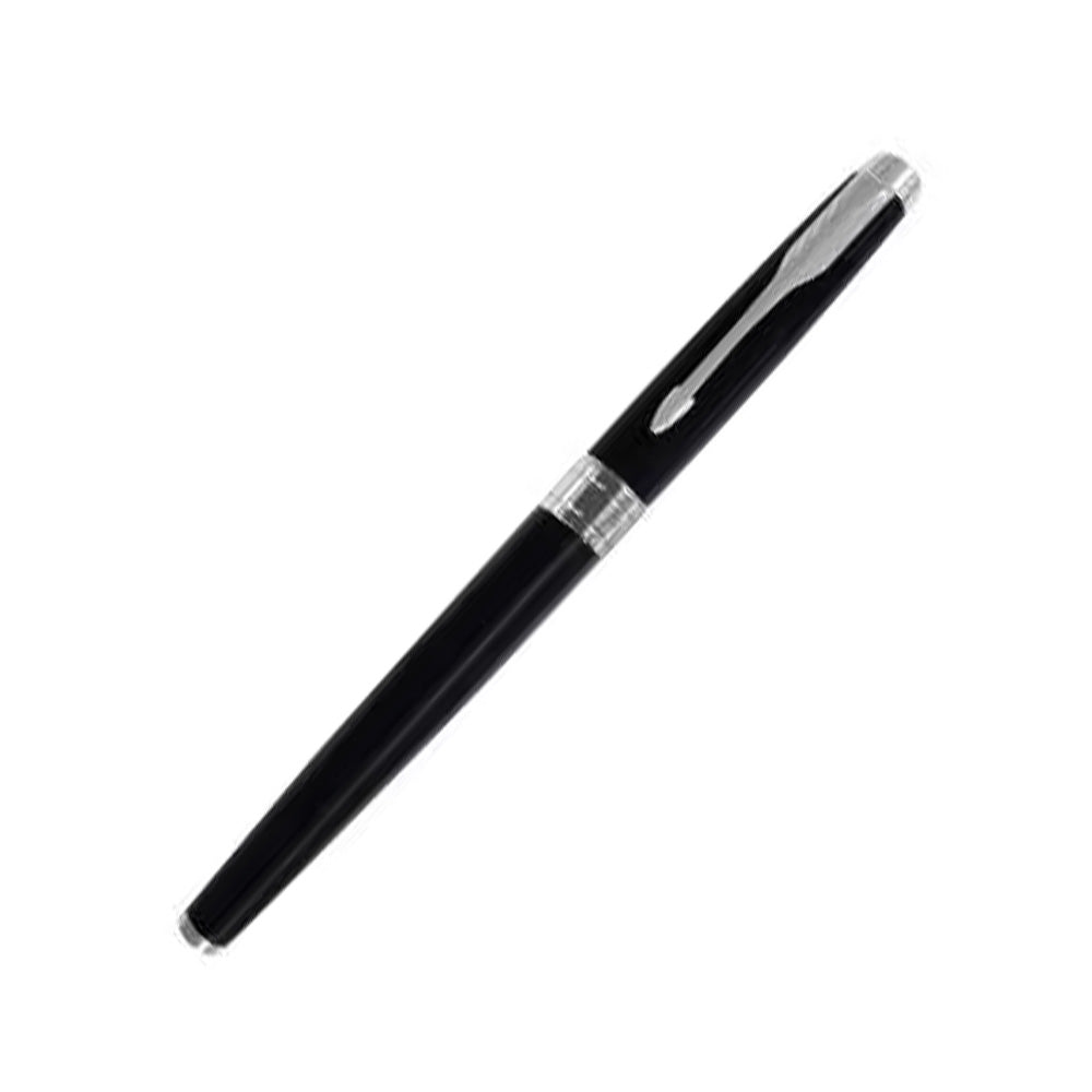 Parker Aster Roller Ball Pen With Lacquer Black Finish Metal Barrel And Chrome Plated Trim. A Contemporary & Unique Design Blended Highlighted With A Chrome Plated Ring On The Barrel. Lacquer Black Finish Metal Barrel Chrome-Plated Trim A Contemporary & Unique Design Chrome Plated Ring On The Barrel 1N Rollerball Pen + 1N Visiting Card Holder (Free) Made in India