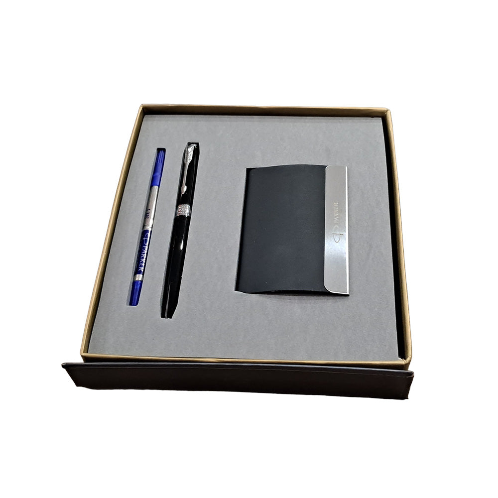 Parker Aster Roller Ball Pen With Lacquer Black Finish Metal Barrel And Chrome Plated Trim. A Contemporary & Unique Design Blended Highlighted With A Chrome Plated Ring On The Barrel. Lacquer Black Finish Metal Barrel Chrome-Plated Trim A Contemporary & Unique Design Chrome Plated Ring On The Barrel 1N Rollerball Pen + 1N Visiting Card Holder (Free) Made in India