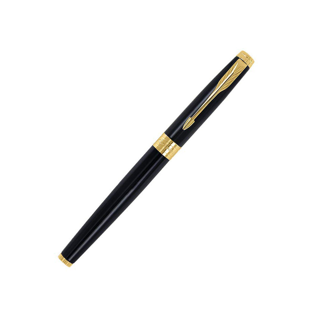 Parker Aster Lacque Black GT Rollerball Pen with Credit Card Holder Free Parker Aster Roller Ball Pen With Lacquer Black Finish Metal Barrel And Gold Plated Trim. A Contemporary & Unique Design Blended Highlighted With A Gold Plated Ring On The Barrel. Roller Ball Pen With Lacquer Black Finish Metal Barrel Gold Plated Trim A Contemporary & Unique Design Gold Plated Ring On The Barrel 1N Rollerball Pen + 1N Credit Card Holder (Free) Made in India