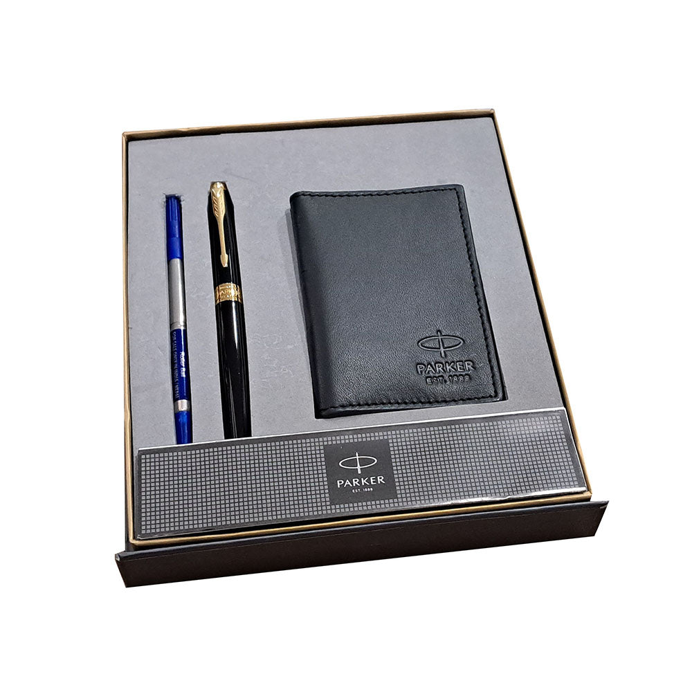 Parker Aster Lacque Black GT Rollerball Pen with Credit Card Holder Free Parker Aster Roller Ball Pen With Lacquer Black Finish Metal Barrel And Gold Plated Trim. A Contemporary & Unique Design Blended Highlighted With A Gold Plated Ring On The Barrel. Roller Ball Pen With Lacquer Black Finish Metal Barrel Gold Plated Trim A Contemporary & Unique Design Gold Plated Ring On The Barrel 1N Rollerball Pen + 1N Credit Card Holder (Free) Made in India