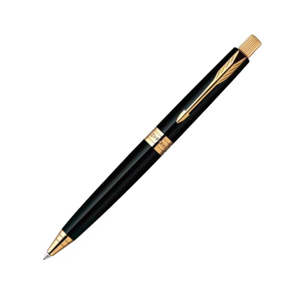 Parker Aster Ball Pen with Lacquer Black finish metal barrel and Gold plated trim. A contemporary & unique design blended highlighted with a Gold plated ring on the barrel. Clip Material: Stainless Steel. Lacquer Black Finish Metal Barrel Gold Plated Trim Contemporary & Unique Design Blended Gold Plated Ring On The Barrel Gift Box With Free Credit Card Holder. Made in India