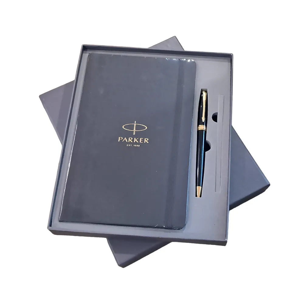 Parker Fusion Laque Black GT Ball Pen with Black Large Notebook