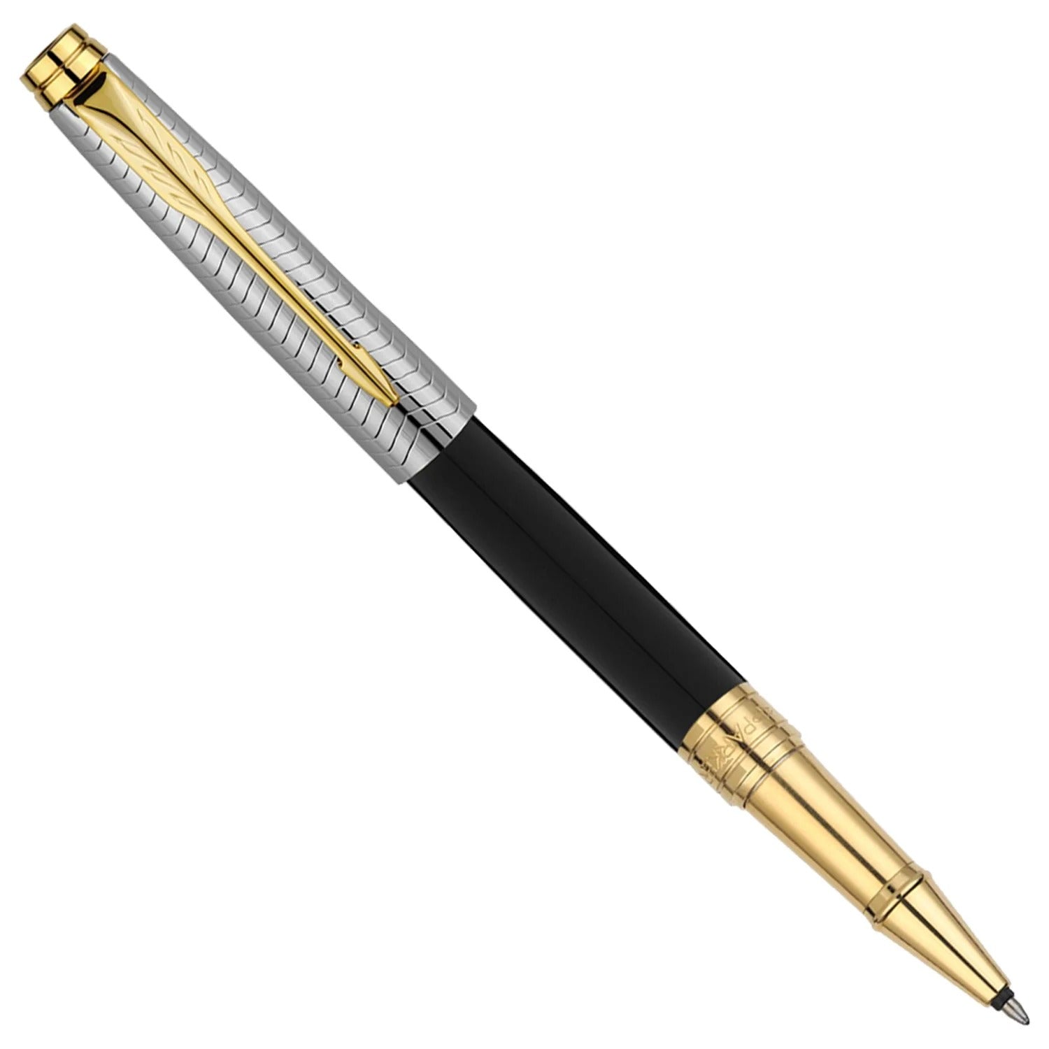 Parker Aster Contemporary Black & Chrome Gold Trim Rollerball Pen With Pop-Up Credit Card Holder