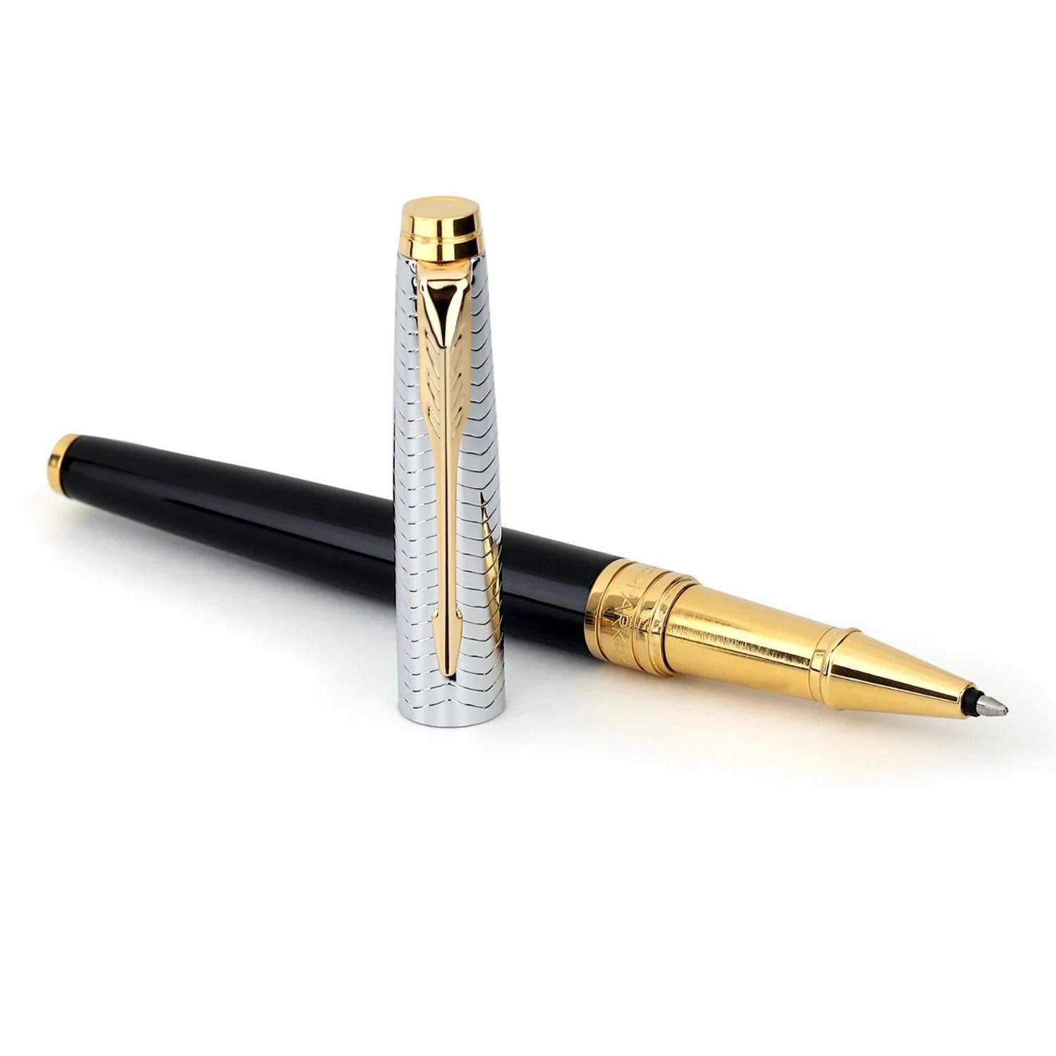 Parker Aster Contemporary Black & Chrome Gold Trim Rollerball Pen With Pop-Up Credit Card Holder