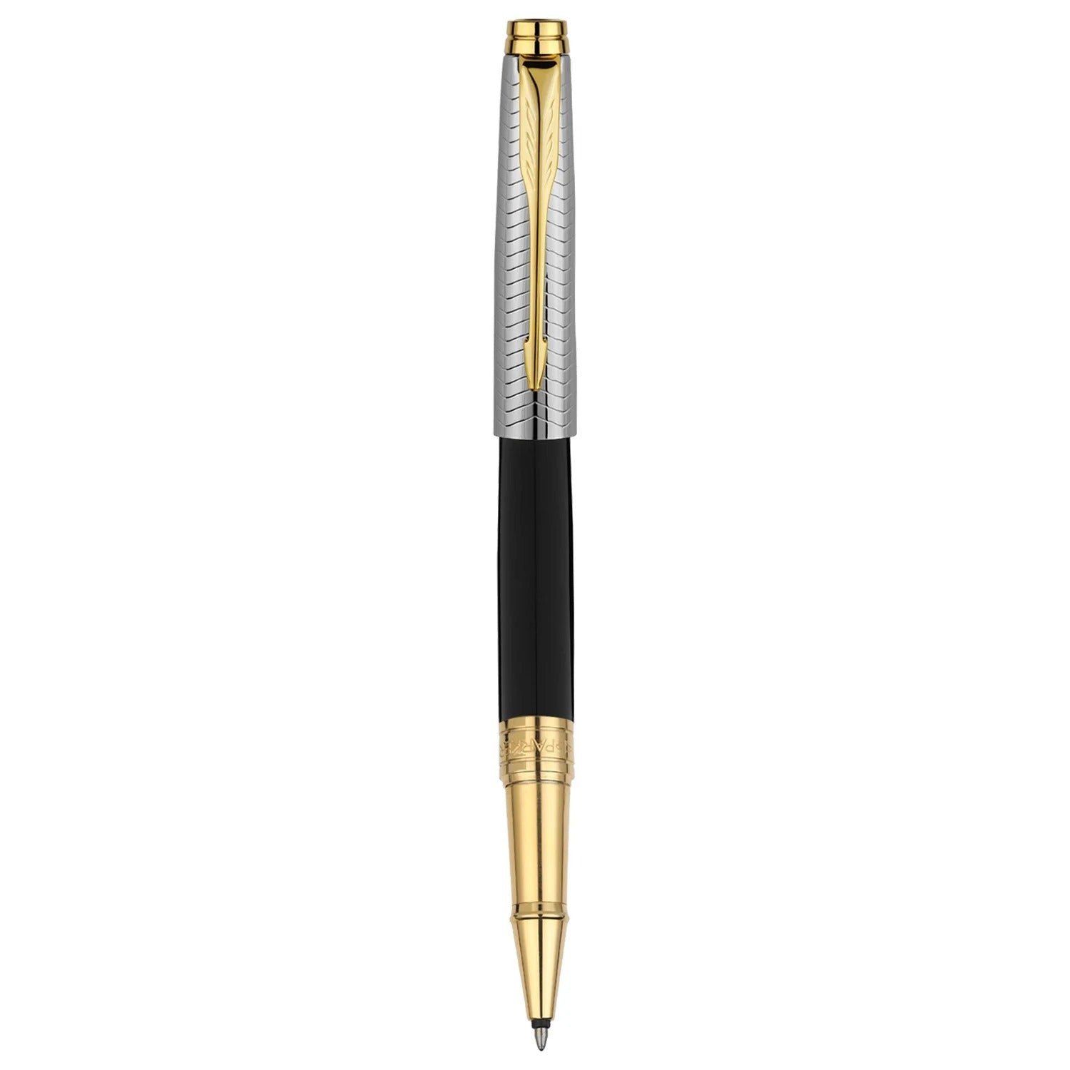Parker Aster Contemporary Black & Chrome Gold Trim Rollerball Pen With Pop-Up Credit Card Holder