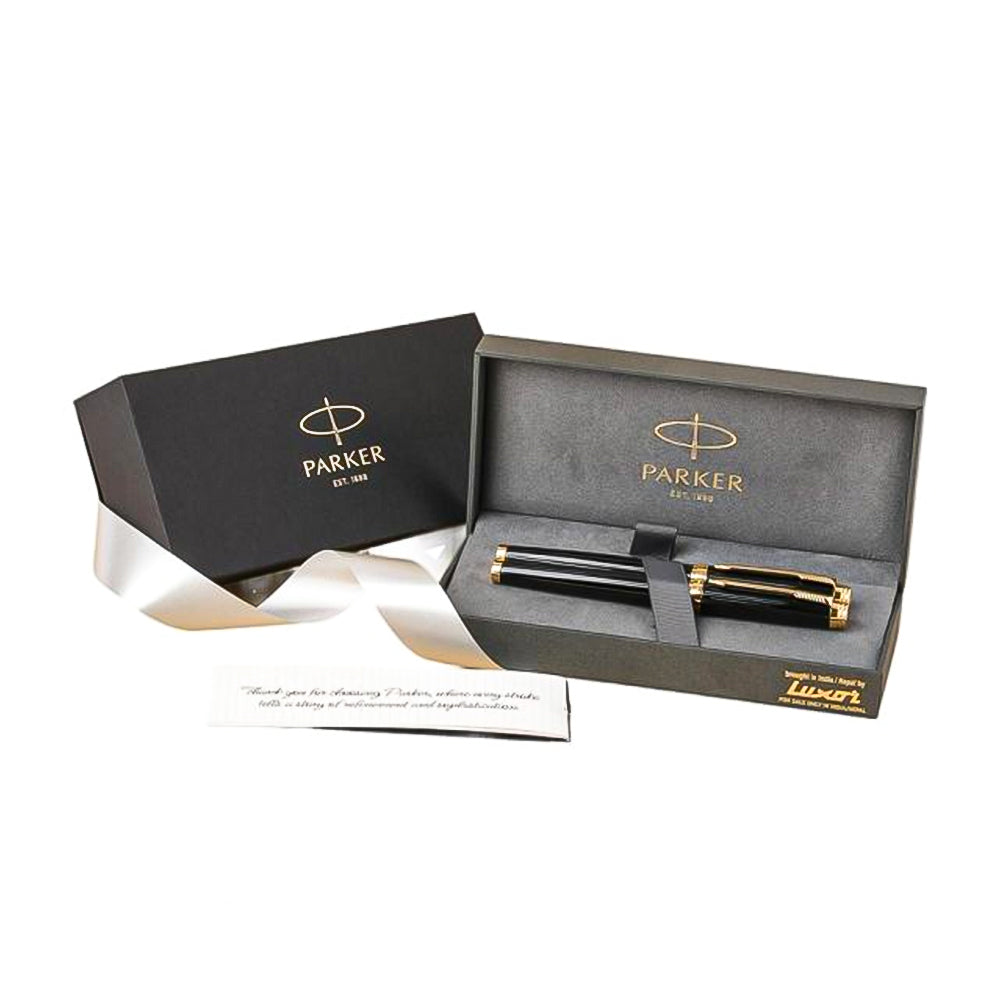 Parker Ambient Lacque Black Golden Trim Fountain Pen - Medium Nib + Roller Ball Pen Set