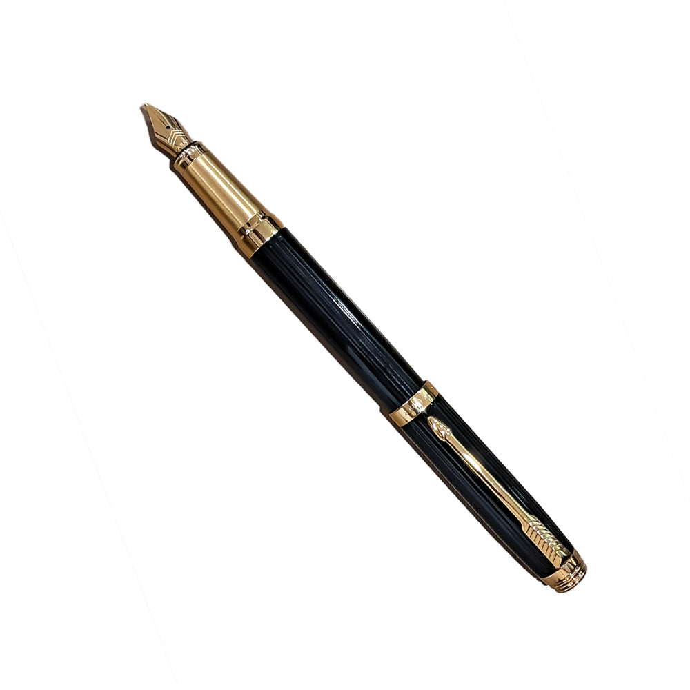 Parker Ambient Lacque Black Golden Trim Fountain Pen - Medium Nib + Roller Ball Pen Set