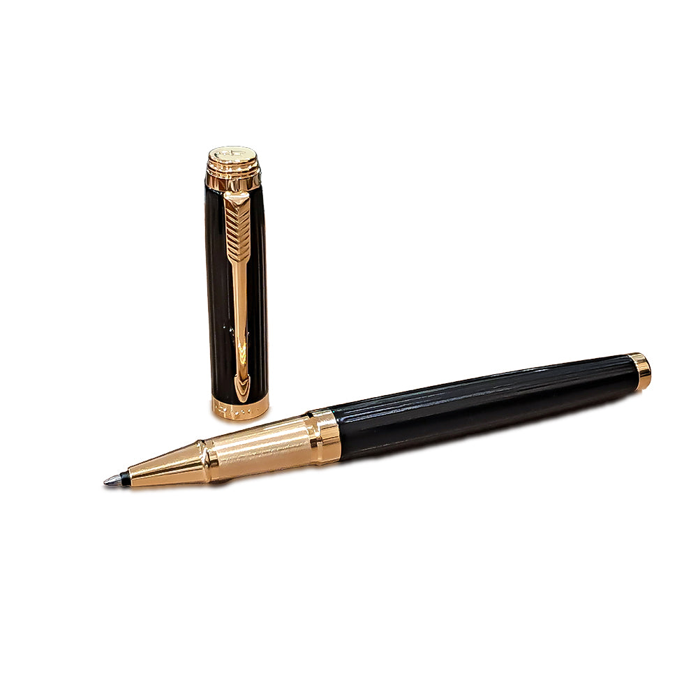 Parker Ambient Lacque Black Golden Trim Fountain Pen - Medium Nib + Roller Ball Pen Set