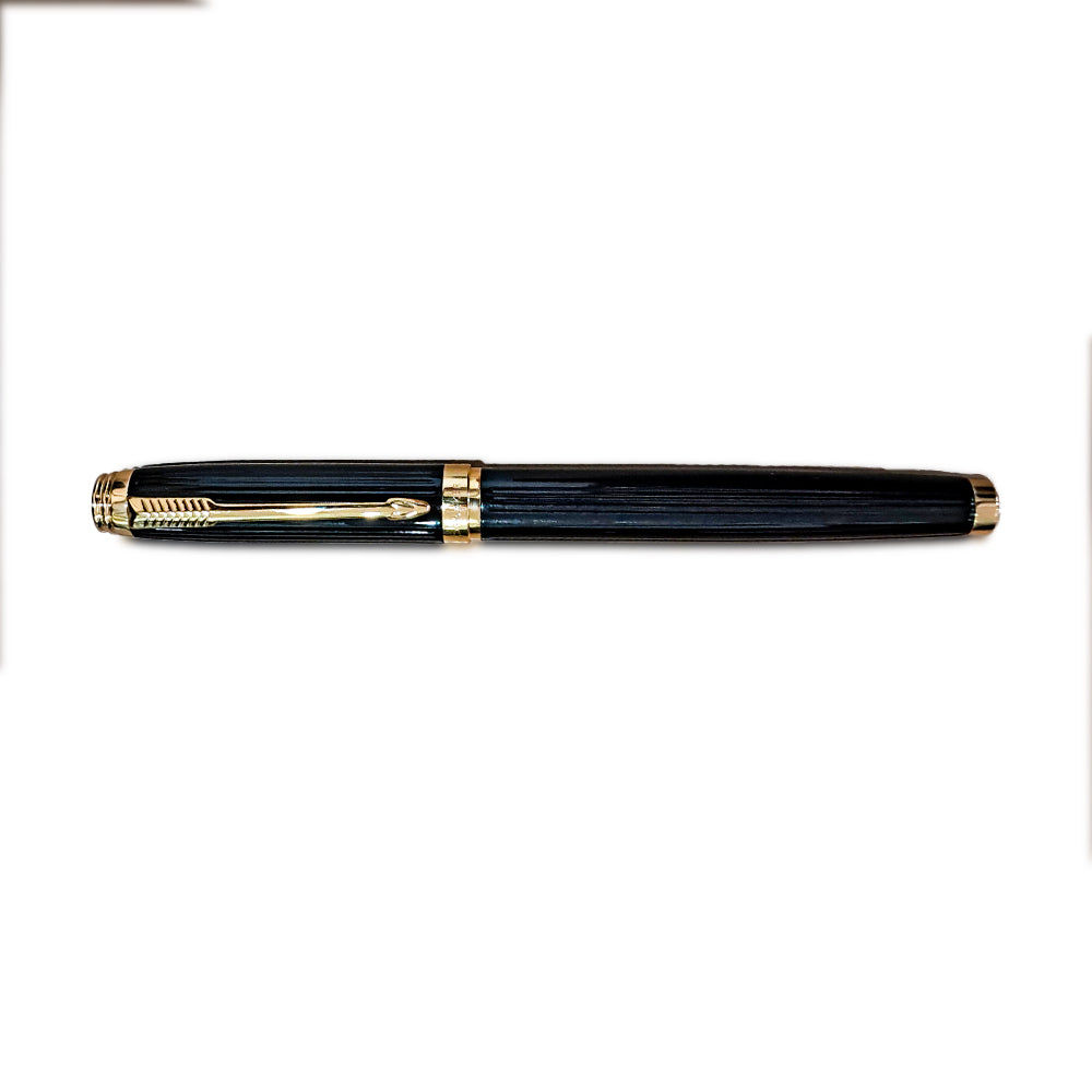 Parker Ambient Lacque Black Golden Trim Fountain Pen - Medium Nib + Roller Ball Pen Set