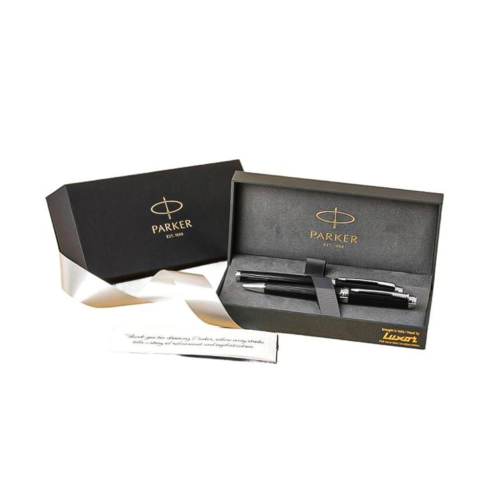 Parker Ambient Lacque Black Chrome Trim Fountain Pen - Medium Nib and Ballpoint Pen Set