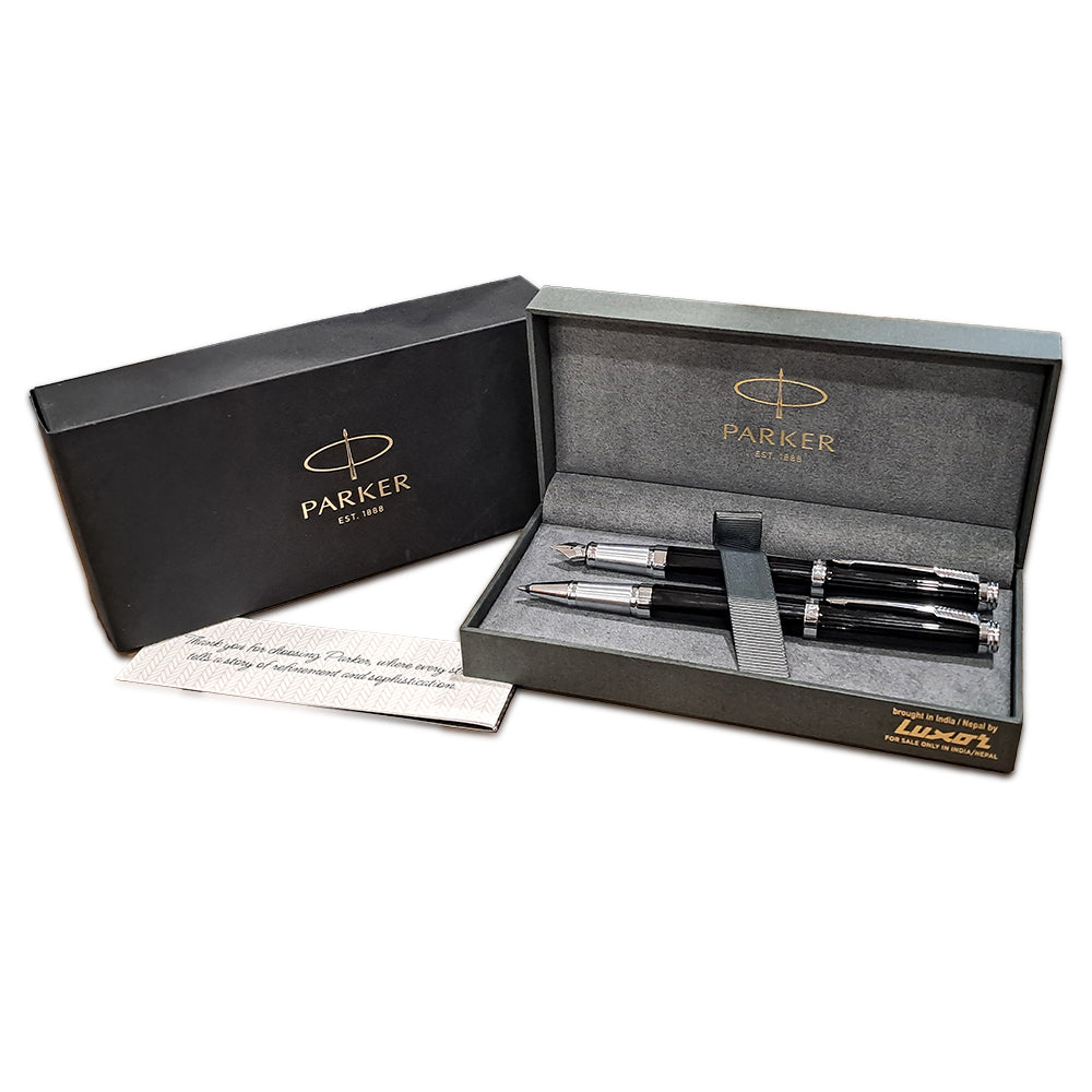 Parker Ambient Lacque Black Chrome Trim Fountain Pen - Medium Nib + Rollerball Pen Set