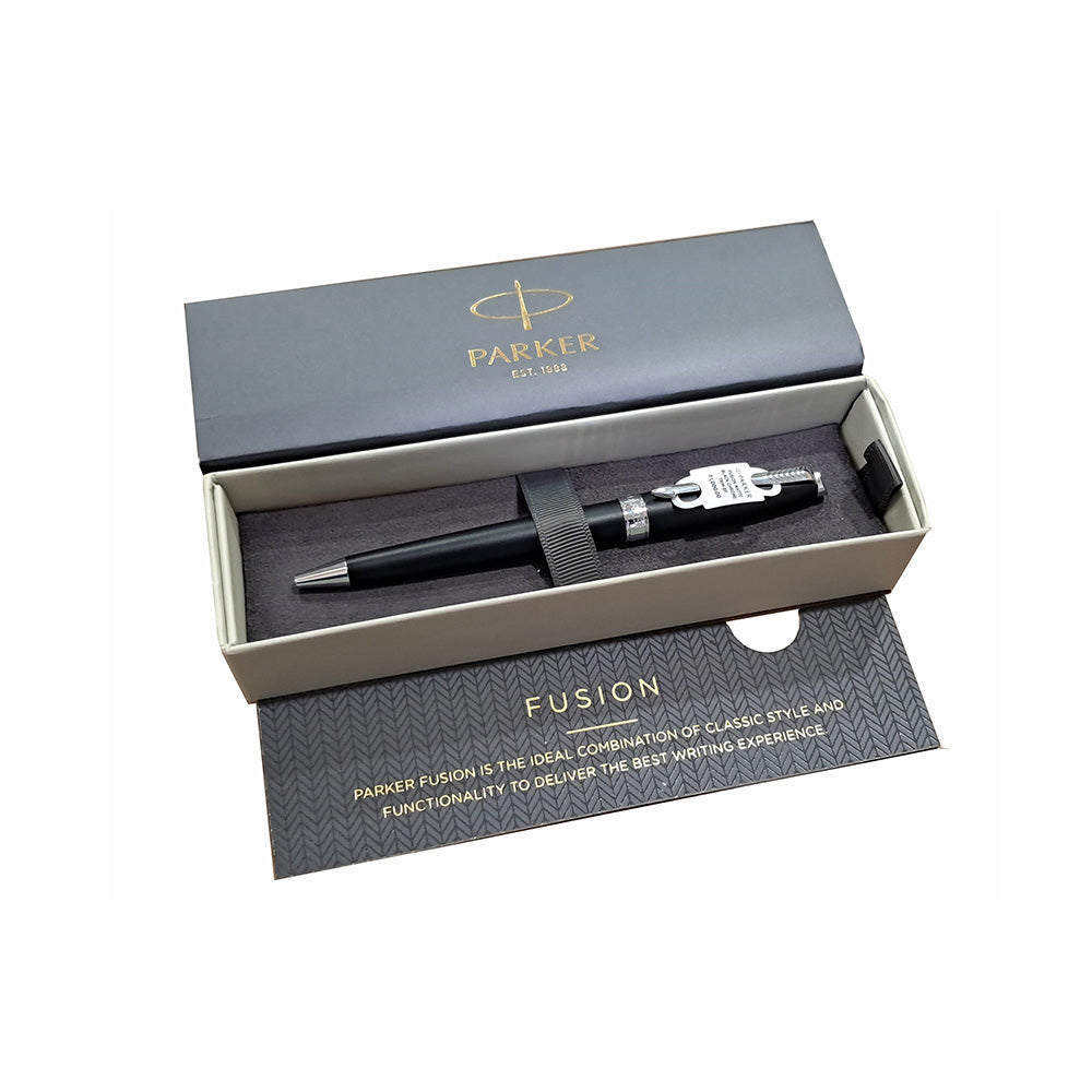 Parker Fusion Ball Pen with Matte black ABS barrel with Stainless steel linished cap and chrome plated trim. A contemporary & unique design blended highlighted with a chrome plated ring on the barrel. Matte Black Finish Metal Barrel Chrome Plated Trim A Contemporary & Unique Design Chrome Plated Ring On The Barrel Twist Action Pen Gift Box Made in India