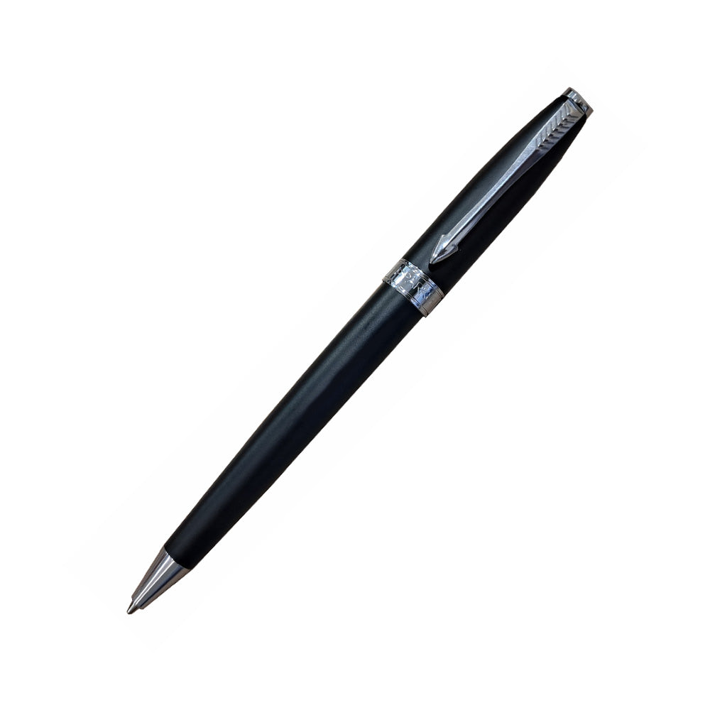 Parker Fusion Ball Pen with Matte black ABS barrel with Stainless steel linished cap and chrome plated trim. A contemporary & unique design blended highlighted with a chrome plated ring on the barrel. Matte Black Finish Metal Barrel Chrome Plated Trim A Contemporary & Unique Design Chrome Plated Ring On The Barrel Twist Action Pen Gift Box Made in India