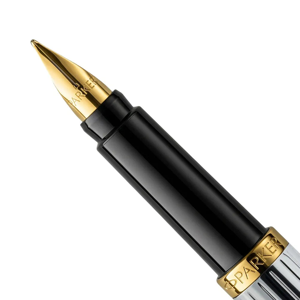 Parker Rialto Shiny Chrome Gold Trim Fountain Pen - Medium Nib