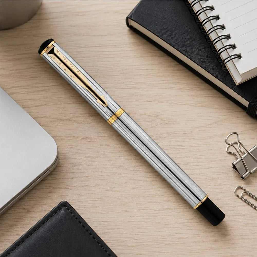 Parker Rialto Shiny Chrome Gold Trim Fountain Pen - Stainless Steel Nib