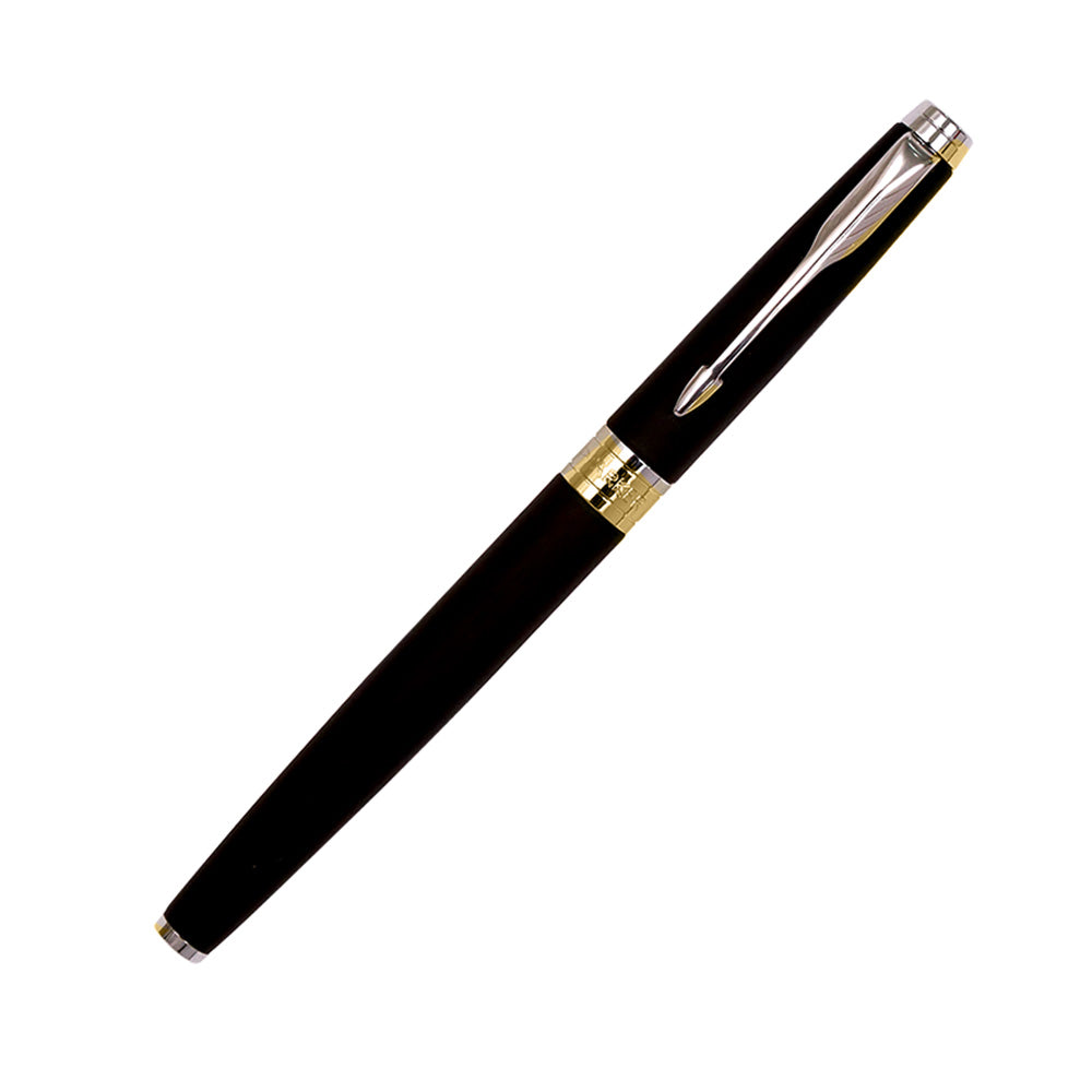 Parker Aster Matte Black GT Fountain Pen – Medium Nib Parker Aster Fountain Pen With Matt Black Finish Metal Barrel And Gold Plated Trim. A Contemporary & Unique Design Blended Highlighted With A Gold Plated Ring On The Barrel. Matte Black with Gold Plated Trim Metal Barrel Pen opening mechanism: Cap off/ cap on Stainless Steel Medium Nib A contemporary and unique design blended highlighted with a chrome plated ring on the barrel