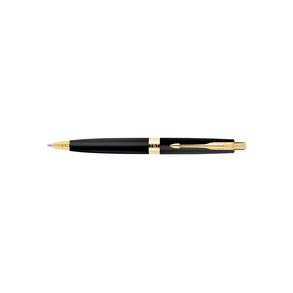 Parker Aster Matte Black GT Ball Pen Parker Aster Ball Pen With Matte Black Finish Metal Barrel And Gold Plated Trim. A Contemporary & Unique Design Blended Highlighted With A Gold Plated Ring On The Barrel. Body Colour Shade – Matte Black Trim – Gold Plated Pen Opening Mechanism – Click Point – Fine Refill – Parker QuinkFlow