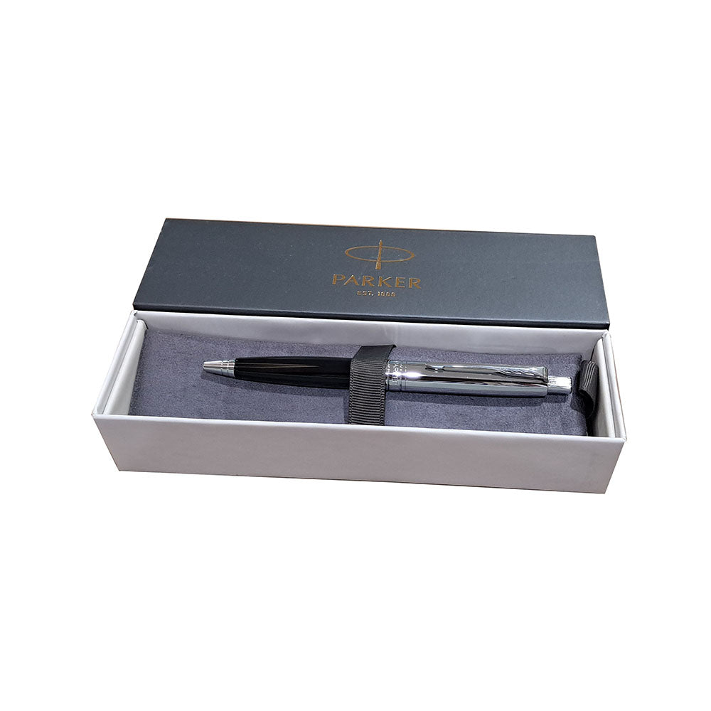 Parker Aster Shiny Black Chrome Plated Trim Ball Pen, Parker Aster Ball Pen With Shiny Black Finish Metal Barrel And Chrome Plated Trim. A Contemporary & Unique Design Blended Highlighted With A Chrome Plated Ring On The Barrel. Shiny Black Chrome Plated Trim Barrel Metal A Contemporary & Unique Design Blended Highlighted Opening Mechanism : Click Refill : Parker Quink Flow Made in India