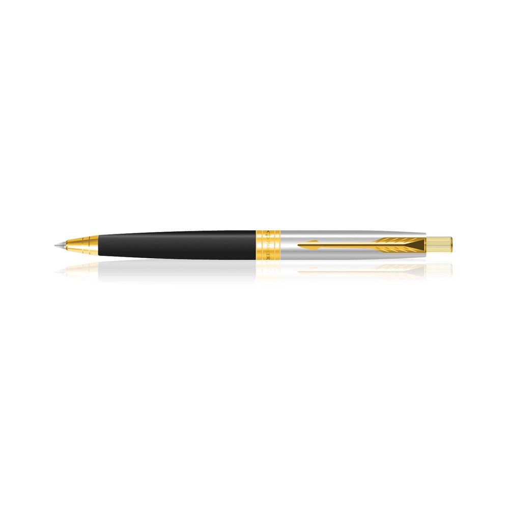 Parker Aster Shiny Black Gold Plated Trim Ball Pen, Parker Aster Ball Pen With Shiny Black Finish Metal Barrel And Gold Plated Trim. A Contemporary & Unique Design Blended Highlighted With A Gold Plated Ring On The Barrel. Shiny Black Gold Plated Trim  Barrel Metal  A Contemporary & Unique Design Blended Highlighted Opening Mechanism : Click Refill : Parker Quink Flow Made in India