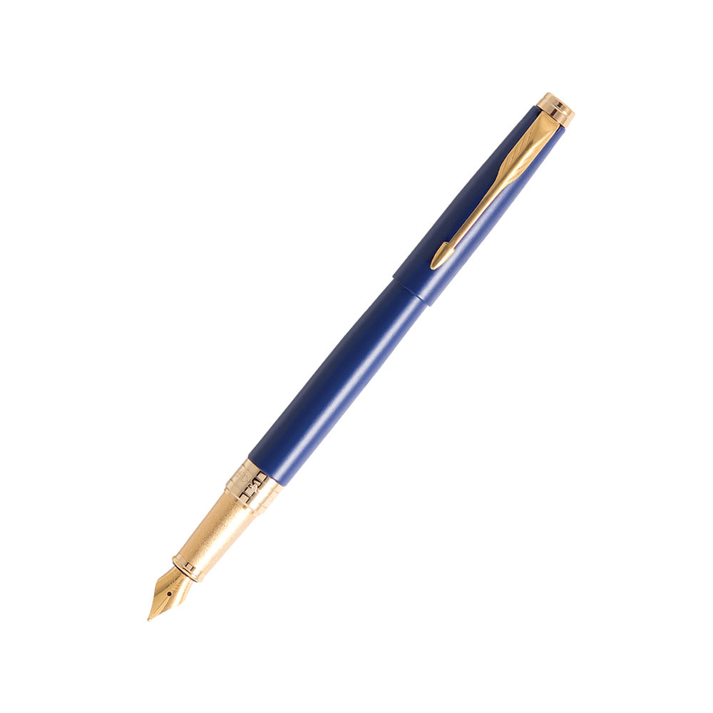 Parker Aster Matte Blue GT Fountain Pen – Medium Nib Parker Aster Fountain Pen With Matt Blue Finish Metal Barrel And Gold Plated Trim. A Contemporary & Unique Design Blended Highlighted With A Gold Plated Ring On The Barrel. Matte Blue with Gold Plated Trim Metal Barrel Pen opening mechanism: Cap off/ cap on Stainless Steel Medium Nib A contemporary and unique design blended highlighted with a chrome plated ring on the barrel