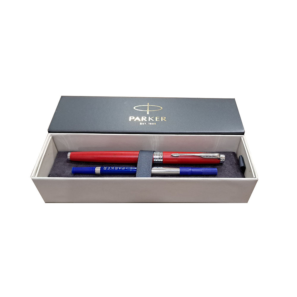 Parker Aster Matte Red CT Rollerball Pen, Parker Aster Roller Ball Pen With Matt Red Finish Metal Barrel And Chrome Plated Trim. A Contemporary & Unique Design Blended Highlighted With A Chrome Plated Ring On The Barrel. Matte Red Finish Metal Barrel Chrome Plated Ring On The Barrel A Contemporary & Unique Design Pen opening mechanism: Cap off/ cap on Made in India