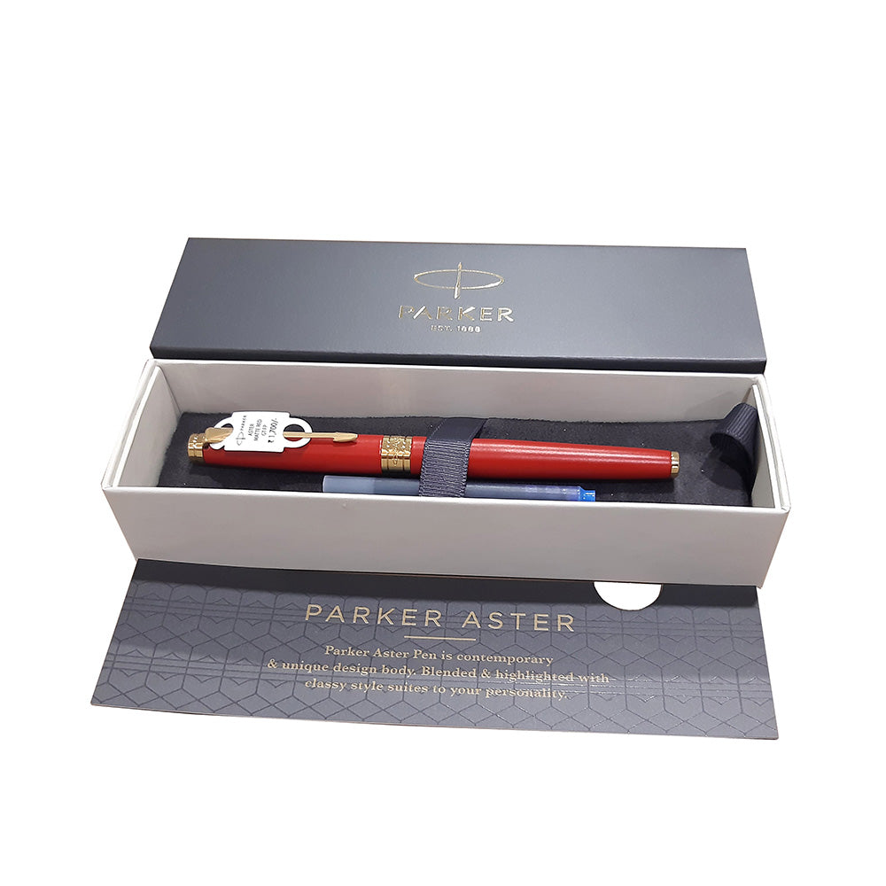 Parker Aster Matte Red GT Fountain Pen – Medium Nib Parker Aster Fountain Pen With Matt Red Finish Metal Barrel And Gold Plated Trim. A Contemporary & Unique Design Blended Highlighted With A Gold Plated Ring On The Barrel. Matte Red with Gold Plated Trim Metal Barrel Pen opening mechanism: Cap off/ cap on Stainless Steel Medium Nib A contemporary and unique design blended highlighted with a chrome plated ring on the barrel