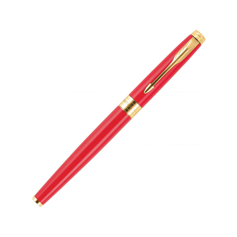 Parker Aster Matte Red GT Rollerball Pen, Parker Aster Roller Ball Pen With Matt Red Finish Metal Barrel And Gold Plated Trim. A Contemporary & Unique Design Blended Highlighted With A Gold Plated Ring On The Barrel. Matte Red Finish Metal Barrel Gold Plated Ring On The Barrel A Contemporary & Unique Design Pen opening mechanism: Cap off/ cap on Made in India
