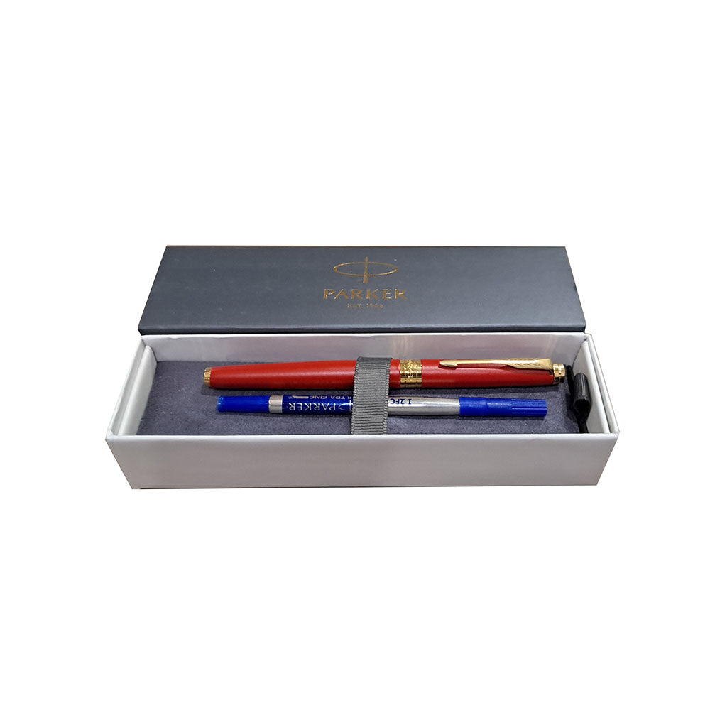 Parker Aster Matte Red GT Rollerball Pen, Parker Aster Roller Ball Pen With Matt Red Finish Metal Barrel And Gold Plated Trim. A Contemporary & Unique Design Blended Highlighted With A Gold Plated Ring On The Barrel. Matte Red Finish Metal Barrel Gold Plated Ring On The Barrel A Contemporary & Unique Design Pen opening mechanism: Cap off/ cap on Made in India