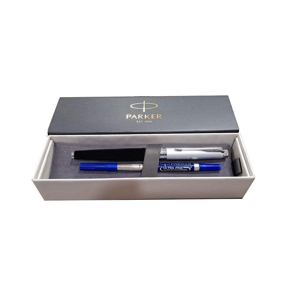 Parker Aster Silver Black CT Rollerball Pen, Parker Aster Roller Ball Pen with Silver Black finish metal barrel and Chrome plated trim. A contemporary & unique design blended highlighted with a Chrome plated ring on the barrel. Clip Material: Stainless Steel. Mode: Roller Ball pen Ink color: Blue Pen opening mechanism: Cap off/ on Silver Black with Chrome Trims Smooth Rollerball Refill Blue color refill Parker attractive Gift box