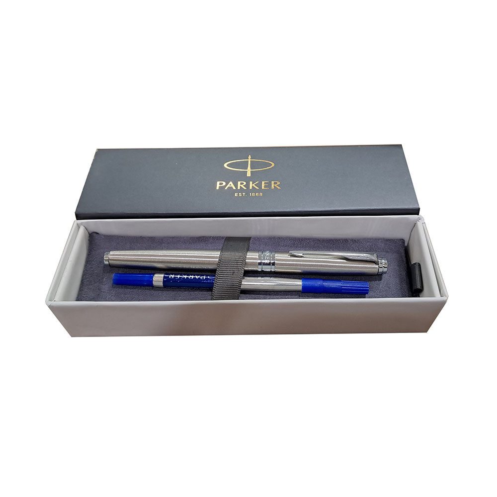 Parker Aster Brushed Metal Chrome Trim Rollerball Pen, Parker Aster Roller Ball Pen With Brushed Metal Finish Brushed Metal Barrel And Chrome Plated Trim. A Contemporary & Unique Design Blended Highlighted With A Chrome Plated Ring On The Barrel. Body Colour : Brushed Metal Chrome Plated trim for premium look Brushed Metal Barrel Cap on/off A contemporary and unique design blended highlighted with a chrome plated ring on the barrel Country of Origin: India