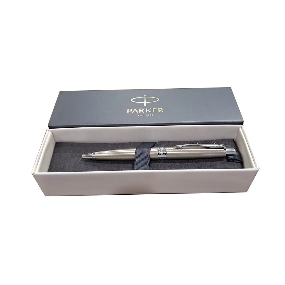 Parker Aster Brushed Metal Chrome Trim Ballpoint Pen, Parker Aster Ball Pen With Brushed Metal Finish Brushed Metal Barrel And Chrome Plated Trim. A Contemporary & Unique Design Blended Highlighted With A Chrome Plated Ring On The Barrel. Body Colour : Brushed Metal Heavy Brass Body, Brushed Metal Finish. Chrome Plated trim for premium look Unique Arrow design clip. Click Mechanism A contemporary and unique design blended highlighted with a chrome plated ring on the barrel Country of Origin: India