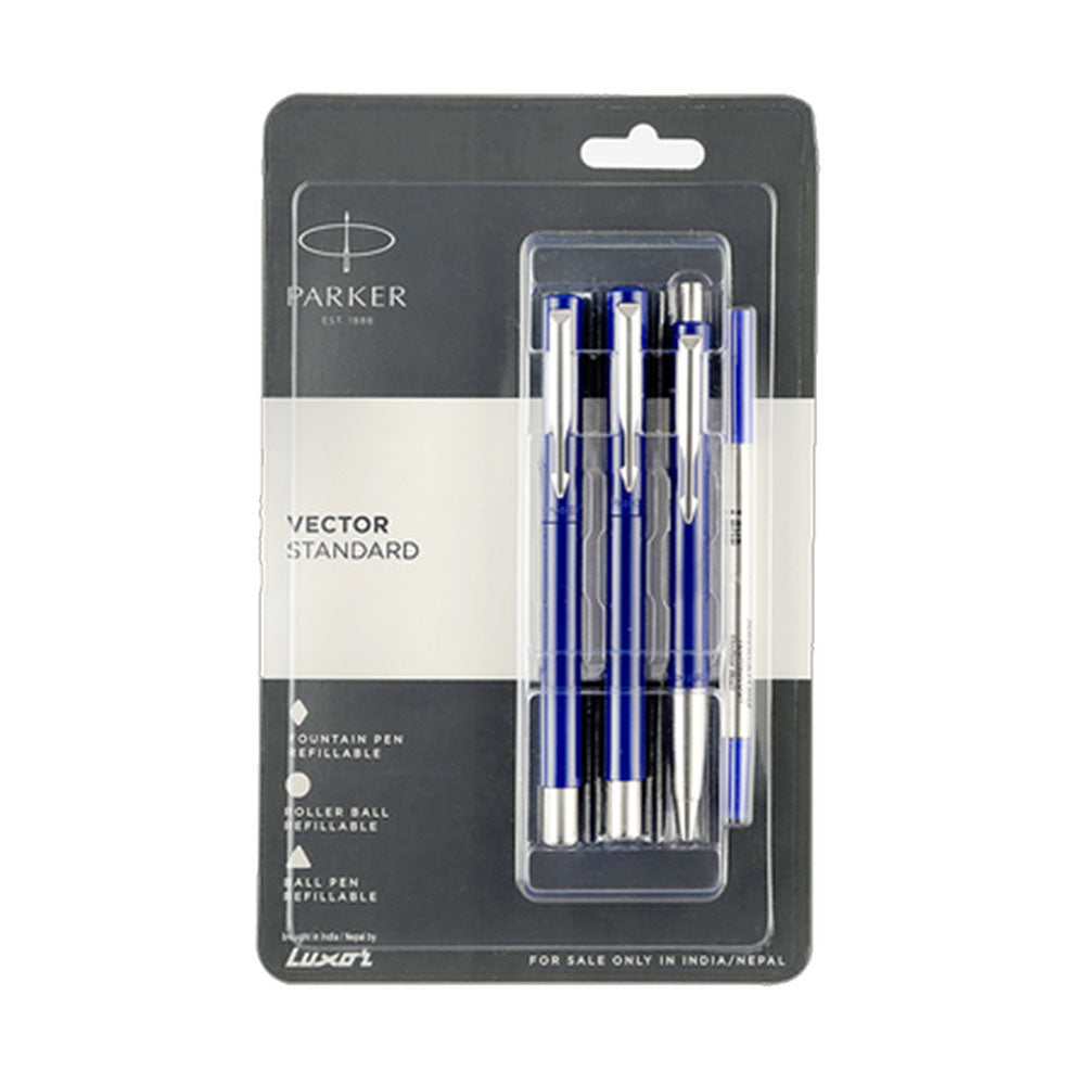 Parker Vector Standard Blue CT Fountain Pen, Rollerball Pen & Ball Pen Set