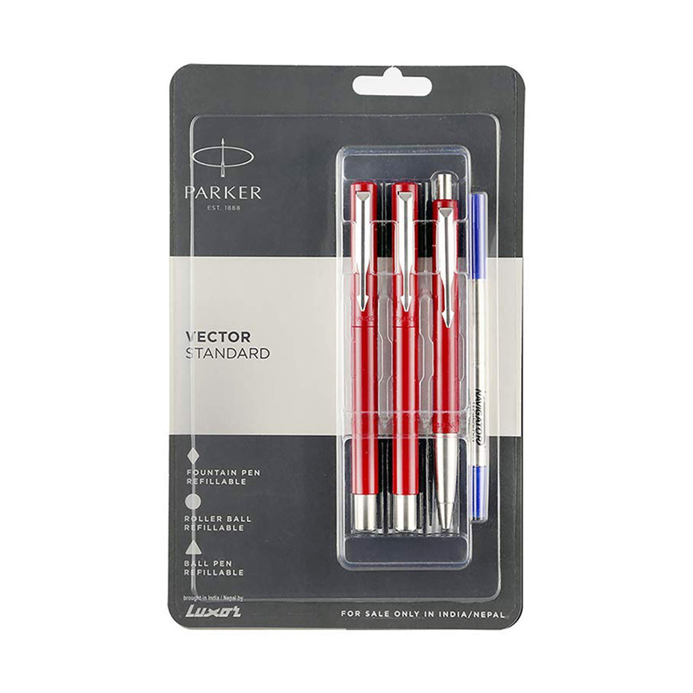 Parker Vector Standard Red CT Ball Pen + Rollerball Pen + Fountain Pen Set