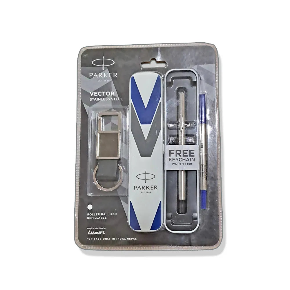 Parker Vector Stainless Steel CT Rollerball Pen With Free Keychain