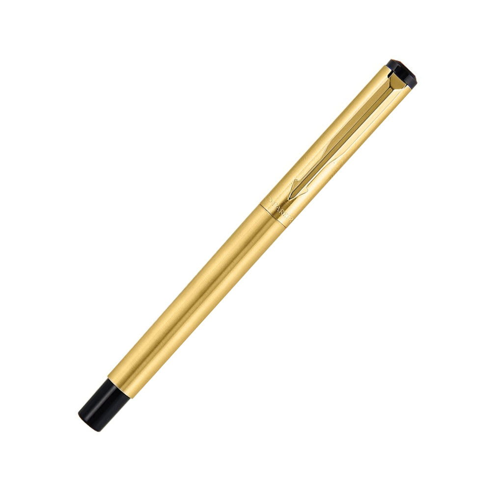 Parker Vector Gold Rollerball Pen Gold plated stainless steel cap and barrel with matching gold plated clip. Cap on/cap off supplied with roller ball refill with ultra fine navigator technology. Specially formulated ink flows flawlessly for a superior writing  Parker Rollerball pen comes in Gold color with gold accents Cap on/cap off supplied with roller ball refill with ultra fine navigator technology Made in India