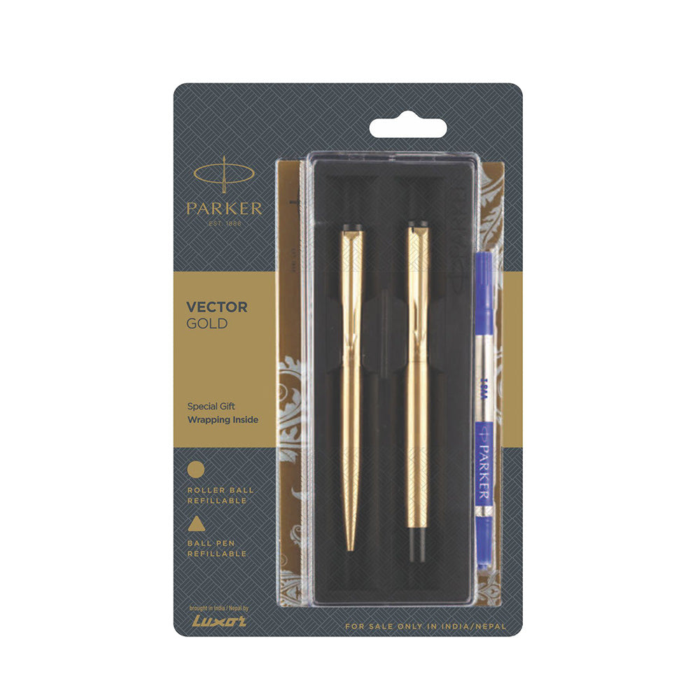 Parker Vector Gold with Gold Finish Clip Rollerball Pen & Ball Pen Set