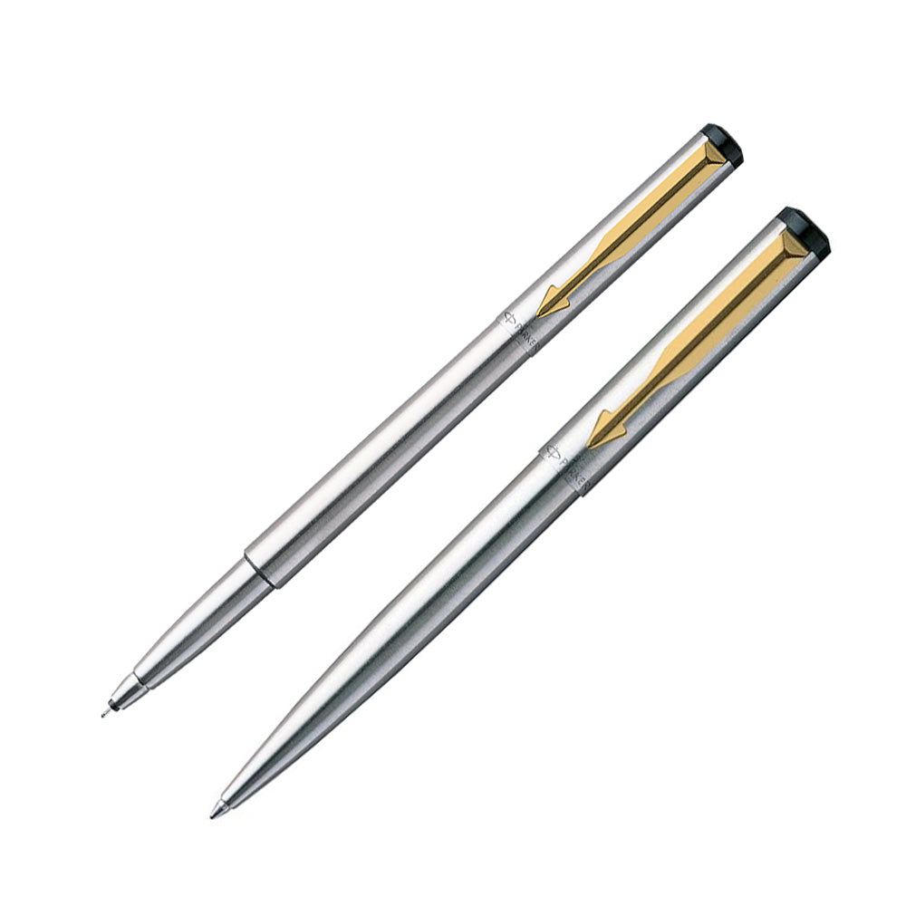 Parker Vector Stainless Steel with Gold Plated Clip Rollerball + Ball Pen Set