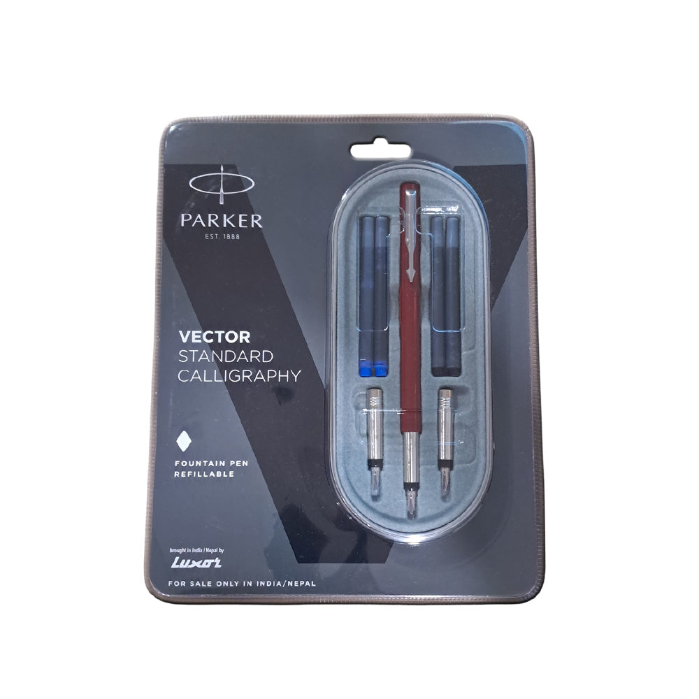 Parker Vector Standard Red Calligraphy with Chrome Trim Fountain Pen