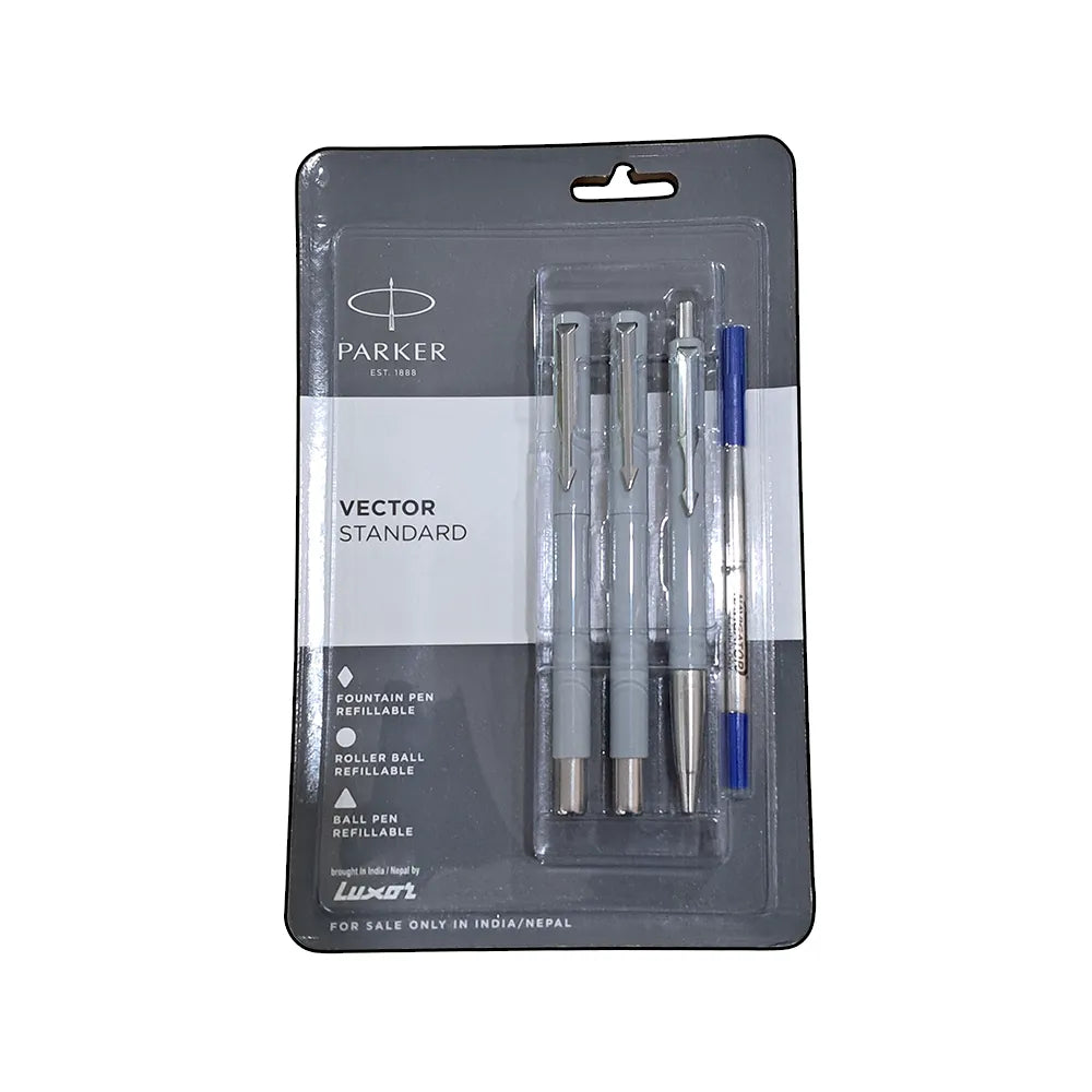 Parker Vector Standard Light Grey CT Fountain Pen + Rollerball Pen + Ball Pen Set