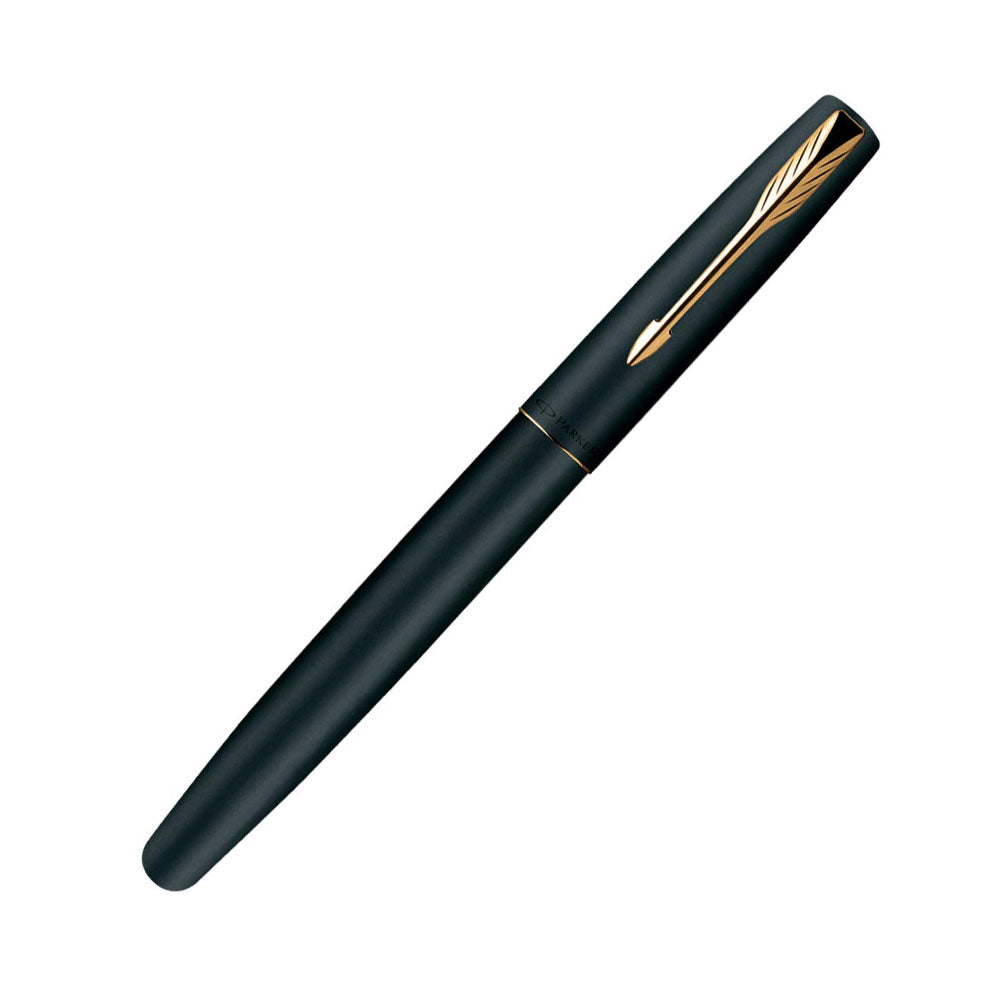 Frontier Matte Epoxy Resin Coated Stainless Steel Cap And Barrel For Premium Looks With Contrasting Gold Plated Clip. Stainless Steel Nib Style. Fitted With Twin -Channeled Ink Feed And Collector System. For Use With Quink Ink Cartridges Or Convertible To Quink Ink Bottle Filling Finish: Matte Finish with Gold Trim Body Material: Powder Coating Stainless Steel Clip : Stainless Steel Closure : Cap on Cap off Nib: Fine polished steel nib Blister Pack Made in India