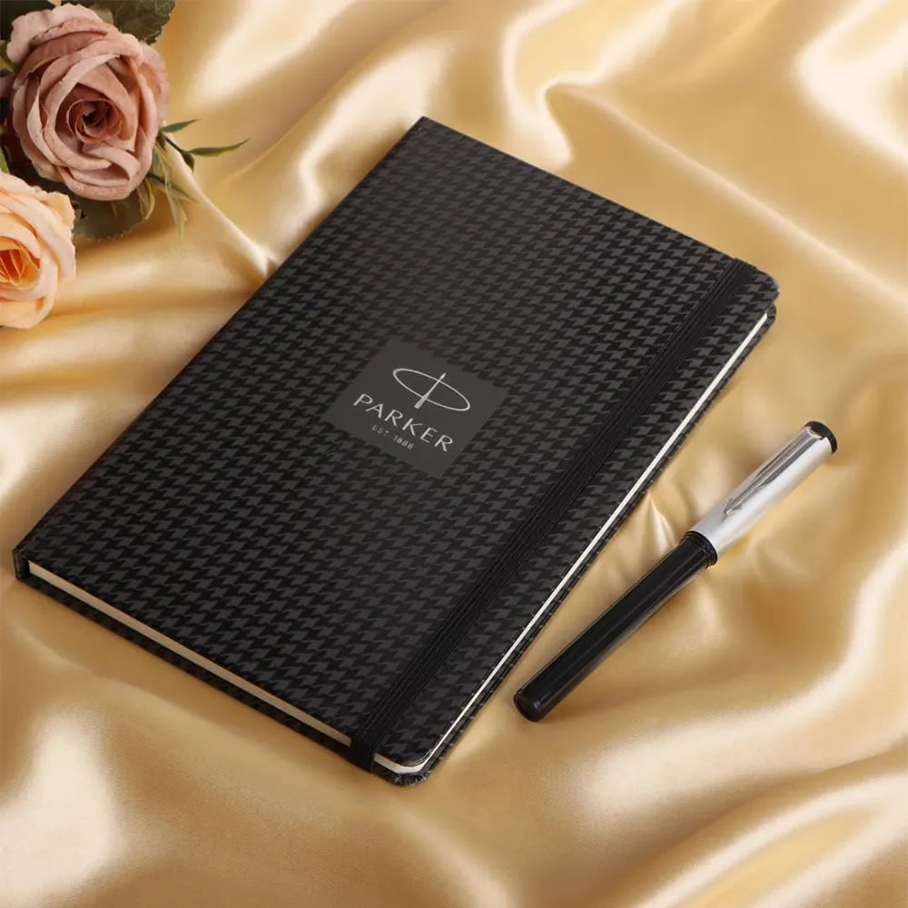 Parker Beta Premium Silver Roller Ball Pen with A5 Houndstooth Print Notebook